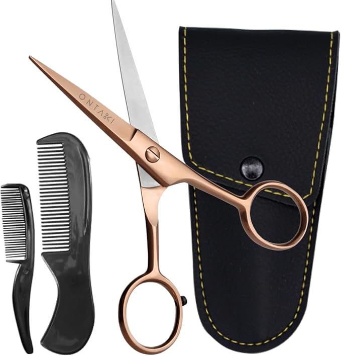Ontaki Beard & Mustache Scissors for Men - 5inch, Rose Gold - 410C German Steel Durable, Ergonomic Design Travel Friendly Facial Hair Scissors - Beard Grooming Kit 2 Combs & Case Perfect for Styling
