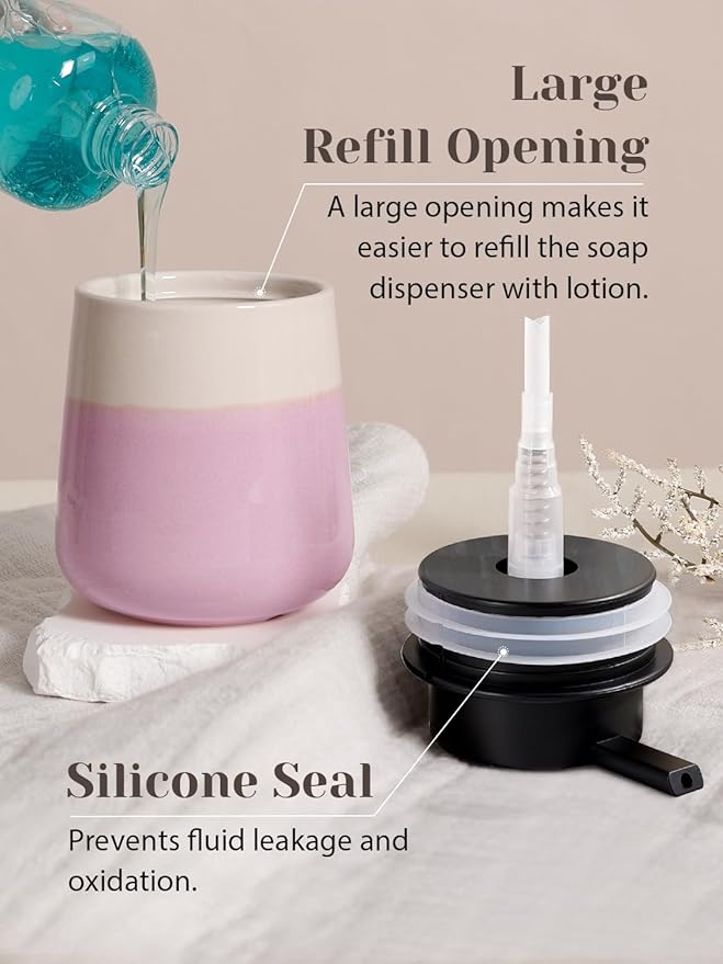 INGOFIN Ceramic Hand Soap Dispenser - 12 oz Liquid Lotion Dispenser Bathroom, Refillable Modern Dish Soap Dispenser with Pump for Kitchen, Beige and Pink