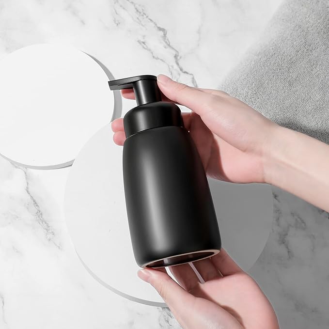 Foaming Hand Soap Dispenser Ceramic Jar Foam Dish Soap Dispenser for Bathroom and Kitchen Sink, Liquid Pump Bottle for Shampoo, Body Wash, Hand Soap, Black, 2 Pack