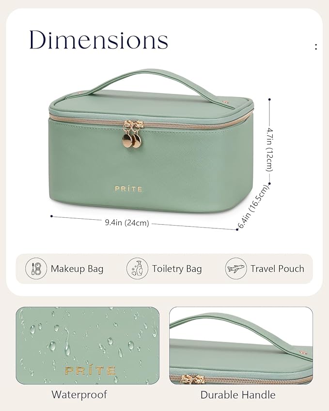 Prite Makeup Bag, Large Capacity Portable Travel Cosmetic Bag, Waterproof Makeup Organizer for Women with Handle and Divider (001 Green)