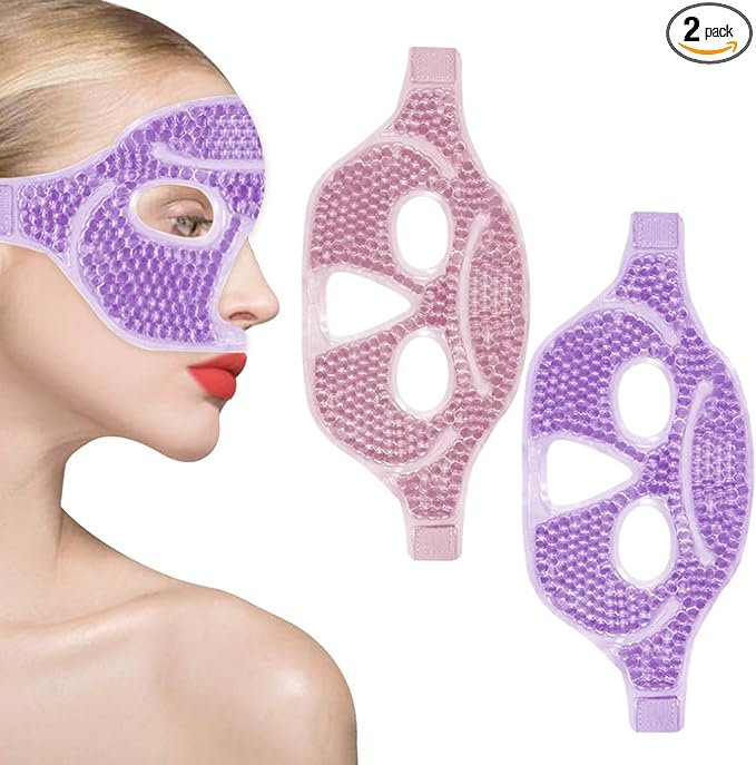 Cooling Gel Facial Mask, 2 PCS Reusable Face Pad for Puffiness & Swelling, Hot Cold Compress Heat Ice Gel Pack with Plush Backing for Migraine & Stress Relief, Pink and Purple