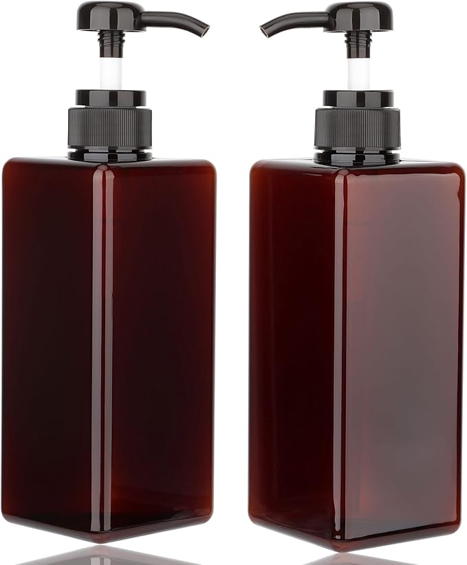 Pump Bottle Dispenser 22oz/650ml Jansburg 2Pack Refillable Square Plastic Lotion Dispenser Empty Lotion Pump Bottle for Essential Oil Lotion, Shampoo, Bathroom Travel Amber