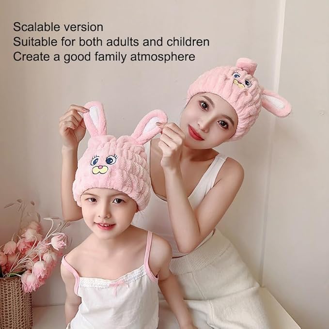 Kids Animal Hair Drying Towels, 2Pcs Pink Rabbit Bath Dry Hair Caps, Extrame Soft & Ultra Absorbent, Fast Drying Hair Turban Wrap Towels Shower Cap for Girls and Women