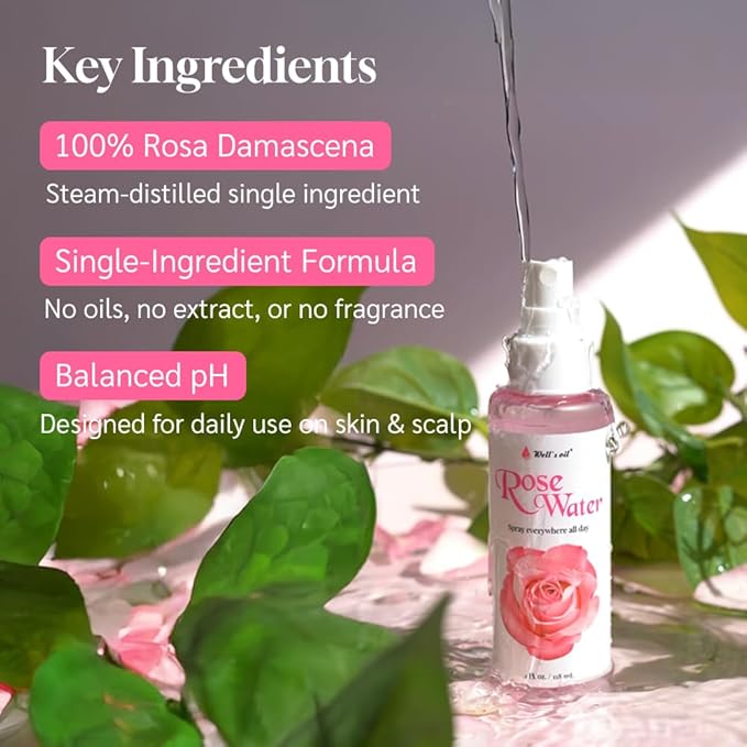 Well's Oil Rosewater Face & Hair Mist Spray (4 fl oz / 118 mL) | Floral Rosewater Hydrosol | Alcohol-Free