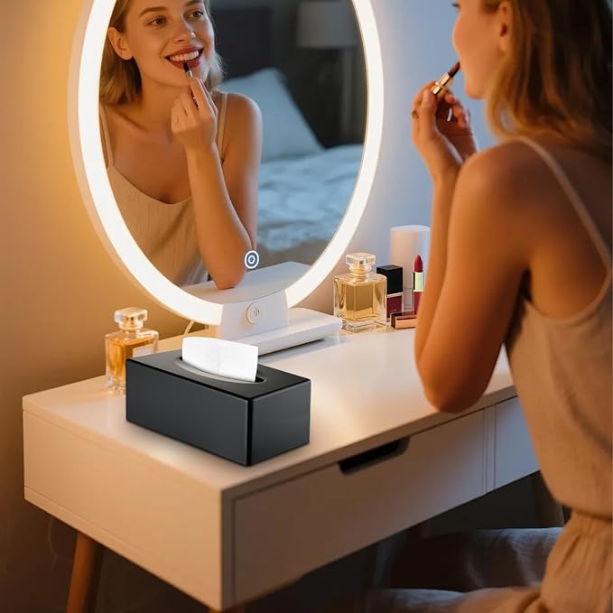 Tissue Box Cover, Rectangular Facial Tissue Holder with Bottom, Decorative Storage Organizer Box for Bathroom Vanity, Countertops, Dressers, Night Stand, Parlors and Offices - Black