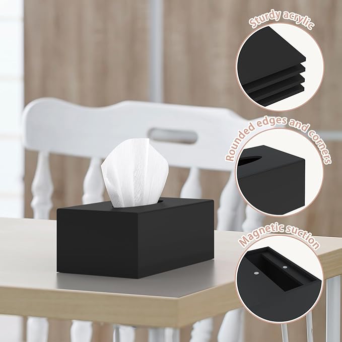 SILUT Tissue Box Cover Rectangle, Tissue Box Holder Decorative, Acrylic Tissue Box Cover, Tissue Holder for Bathroom, Home, Restaurant, Kitchen - Matte Black