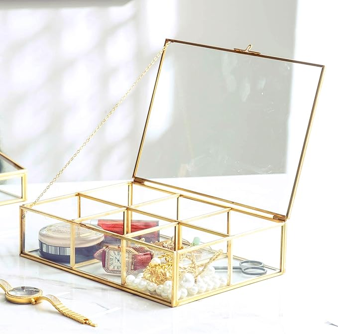 Golden Vintage Glass Box Clear Glass & Brass Metal Storage Jewelry and Cosmetic Makeup Lipstick Holder Organizer Beauty Display, 6 Compartment