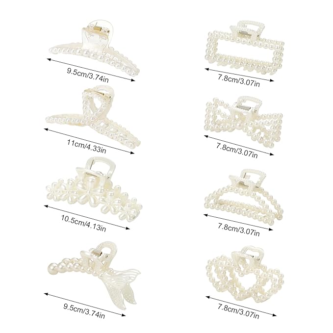 CWJCYTNSN 8 PCS Hair Clips for Women Large Hair Claw Clips for Thin Thick Curly Hair Styling Pearl Jaw Clips Strong Hold Nonslip Fashion Hair Accessories for Bridal Wedding
