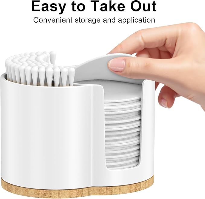 Cotton Pad and Swab Holder, Q tip Holder Round Cotton Pad Dispenser Plastic Cotton Swabs Dispenser, Bathroom Accessories Storage Organizer for Cotton Pads Floss Picks, White
