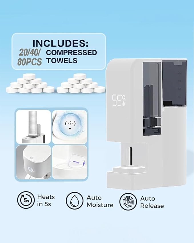 Hot Towel Dispenser, 2026 Upgraded Automatic Hot Face Towel Warmer Machine, Heats Up in 5 Seconds, Home Salon Equipment, for Facials, Smart Voice Alerts with Compressed Towels (1Set+20Pcs Towels)