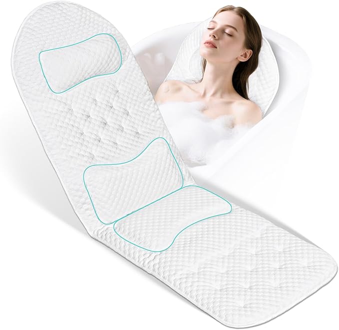 Full Body Bath Pillow for Bathtub, Thick Soft Tub Cushion with Non-Slip Suction Cups Dual Hooks, Luxury Spa Pillow for Neck Back and Hip Support, 55" x 18"