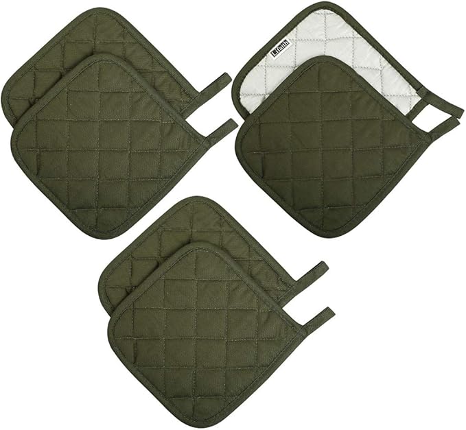 100% Cotton Potholders Kitchen Everyday Basic Terry Pot Holder Heat Resistant Large Coaster Hot Pads Kit Trivets Set for Cooking and Baking Set of 6 Olive Green