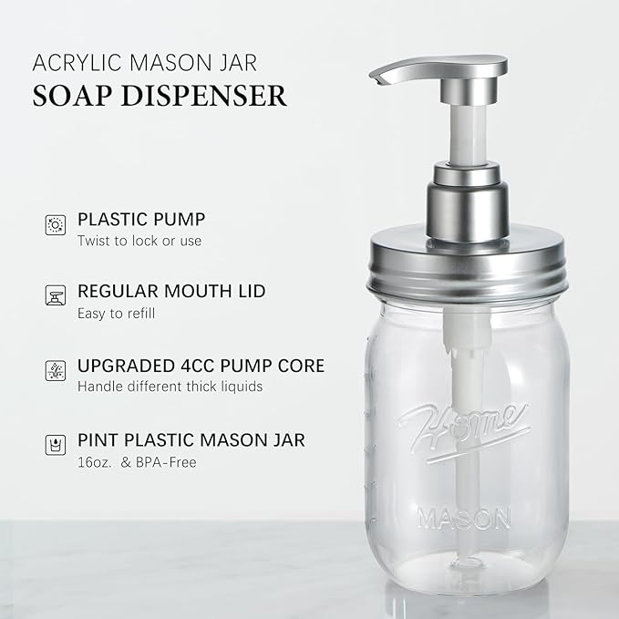 Amolliar Plastic Mason Jar Soap Dispenser with Pump Lid,16OZ Refillable BPA-Free Hand Soap Dispenser Set with Cute Lables, Farmhouse Decor for Kitchen Bathroom, Liquid Soap, Dish Soap (4 Pack, Silver)