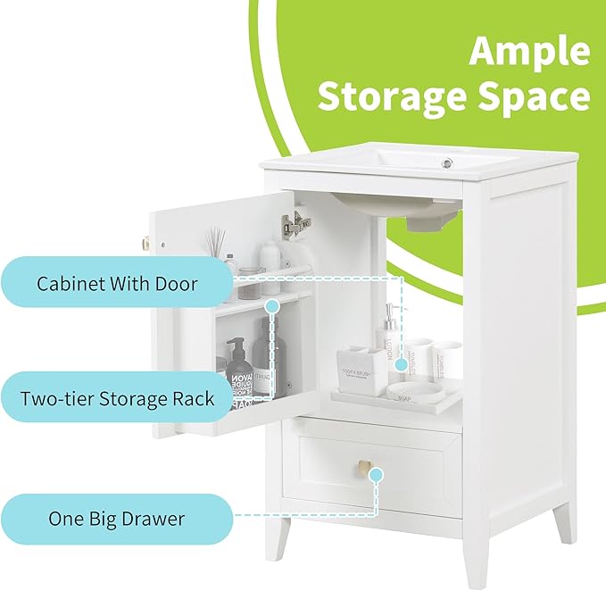 Bellemave 20-inch Solid Wood Bathroom Vanity with Sink, Free Standing Cabinet, Soft Closing Door, Storage Rack, Drawer (White)