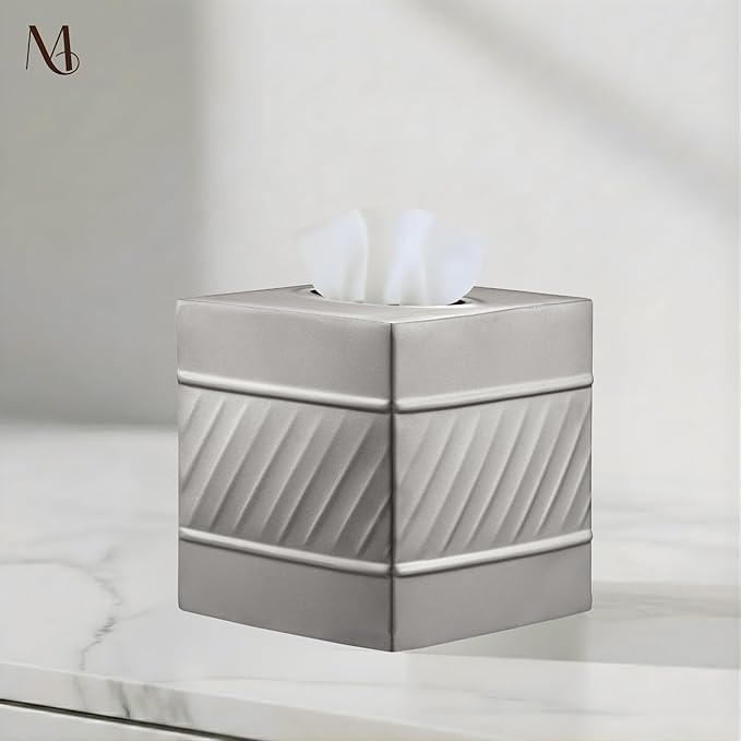 Monarch Abode Tissue Box Cover Square – Handcrafted Wave Embossed Pewter Metal Tissue Holder Box for Bathroom Accessory, Aesthetic Decorative Facial Napkin Cube for Modern Home Decor