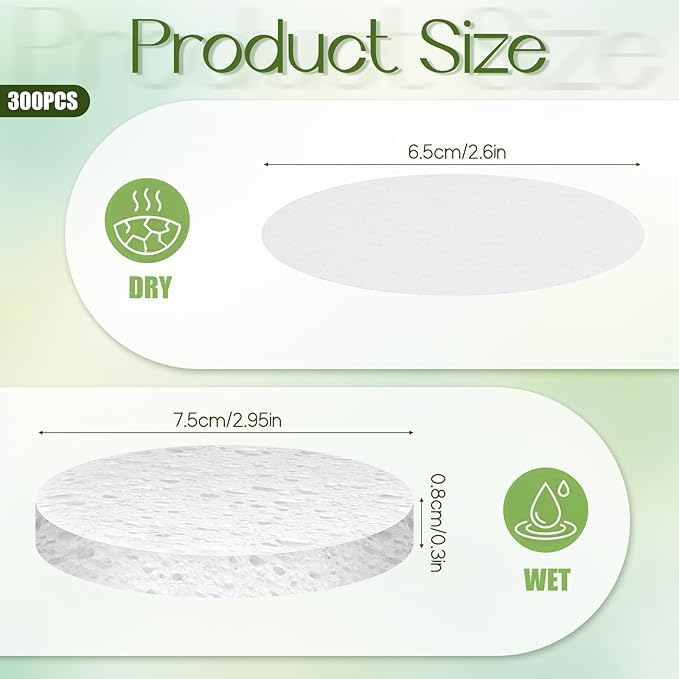 300 Count Compressed Facial Sponges, Natural Cellulose Face Sponges for Cleansing, Disposable Spa Sponge for Face Cleansing, Exfoliating, Makeup Removal(White)