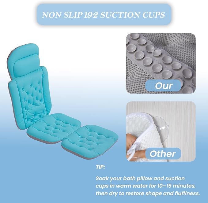 Bath Pillow for Tub 4D Air Mesh Fabric - Plush Bathtub Pillow for Neck & Back Support, Hot Tub Pillow with 6 Non-Slip Suction Cups Spa Pillow for Relaxation and Comfort (Full Body Blue)