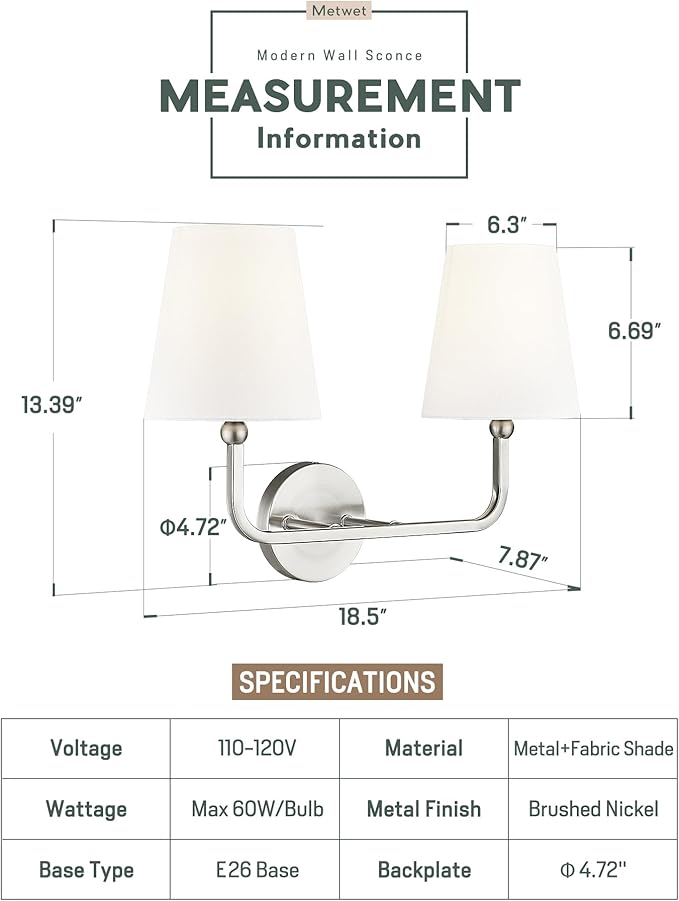 2-Light Bathroom Light Fixtures, Brushed Nickel Vanity Lights, Double Wall Sconce with Flared White Fabric Shade, Modern Sconces Wall Lighting for Hallway Bedroom Stairway, VL837-BN-2
