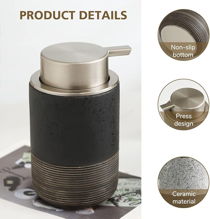 Ceramic Foam Hand Soap Dispenser, 12Oz Countertop Lotion Dispensers for Bathroom with Easy-to-Press Pump, Refillable Liquid Lotion Hand Soap Dispenser, Dish Soap Dispenser for Kitchen