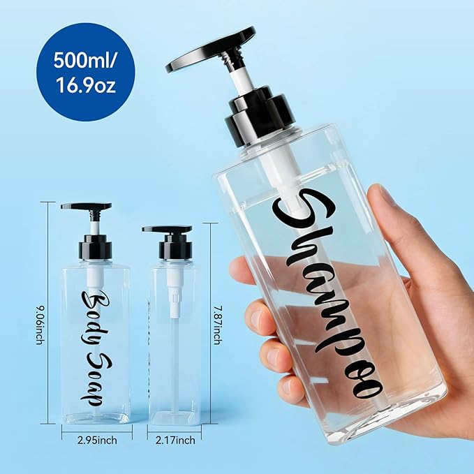 16.9oz Clear Shampoo and Conditioner Dispenser Set of 3, Refillable Empty Shampoo Bottles with Pump for Shower, Printed Plastic Soap Dispenser for Bathroom, Rectangular Body Wash Container Sets