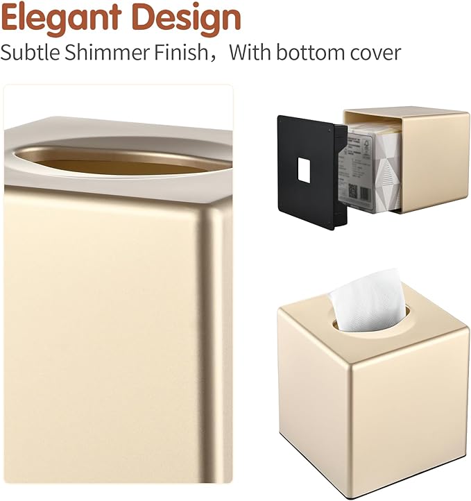 Tissue Box Cover, Decorative Square Facial Storage Tissue Box Holder, Home Accessories for Bathroom Vanity Countertops, Dressers, Night Stand, Parlors and Office - Champagne Gold