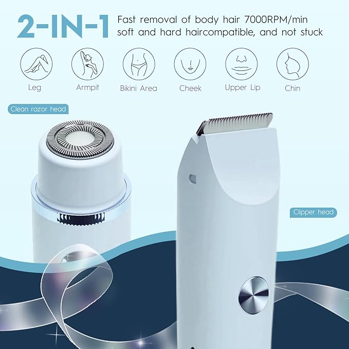 2026 Upgraded 2 in 1 Bikini Trimmer for Women with LCD Display,Dual Head Cordless Electric Bikini Shaver,IPX7 Waterproof Wet/Dry Body Hair Trimmer for Face,Azure