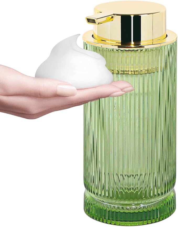 14 Oz Foaming Soap Dispenser, Green Glass Soap Dispenser, Refillable Foam Pump Bottle Lotion Container with Gold Pump, Decorative Slim Ribbed Bottle for Bathroom and Kitchen Decor