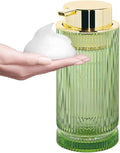 14 Oz Foaming Soap Dispenser, Green Glass Soap Dispenser, Refillable Foam Pump Bottle Lotion Container with Gold Pump, Decorative Slim Ribbed Bottle for Bathroom and Kitchen Decor