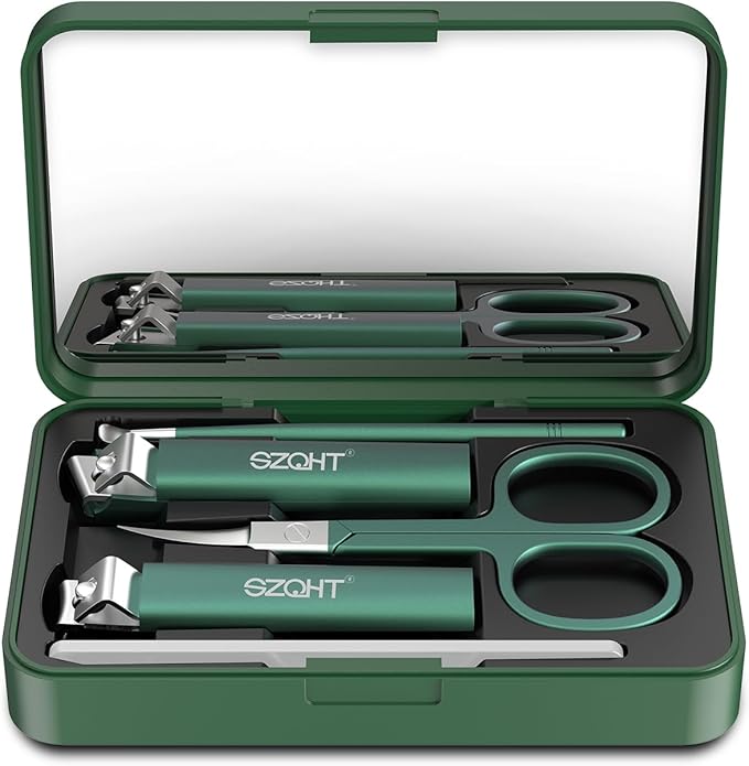 Nice 5-in-1 Premium Grooming Set: Nail Clipper, File, Ear Pick, Facial Hair Scissors, and Mirror in Elegant Storage Box - Manicure Pedicure Kit With Slant Edge Toenail Clipper