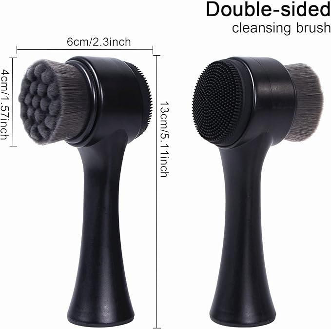Face Brush 2 in 1, Facial Cleansing Exfoliating Scrubber Brush, Silicone Double Side Manual Face Wash Scrub Brush with Soft Bamboo Charcoal Fiber for Deep Pore Cleansing, Massaging, Skin Care