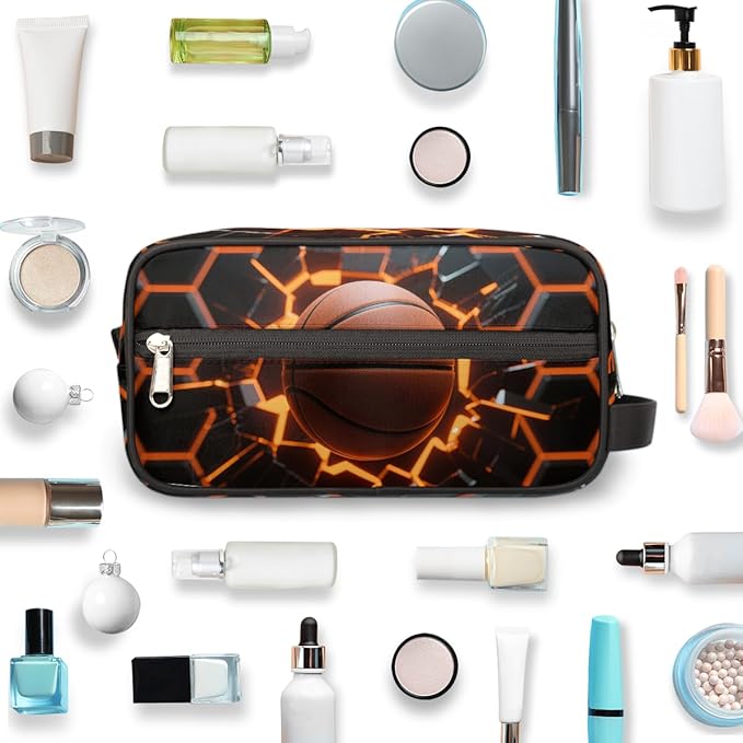 Abstract Basketball Kids Toiletry Bag for Boys Girls, Cosmetic Makeup Bag with Handle, Travel Shaving Kit Organizer, Waterproof Portable Wash Bag for Gym Vacation Camping Sports
