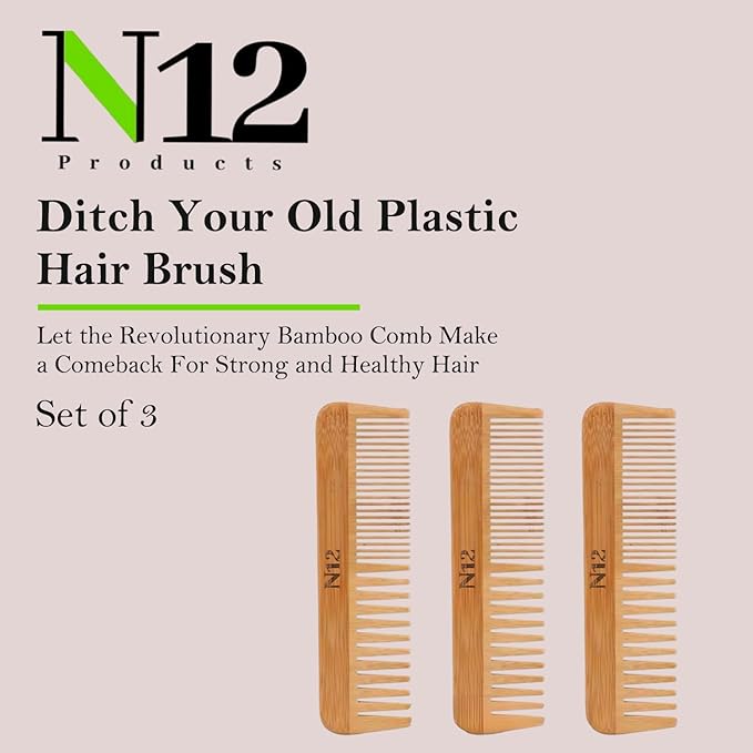 N12 Set of 3 Handmade Natural Bamboo Wooden Comb with Fine Wide Tooth, 17.5 cm - Eco-Friendly Anti-Frizz Detangler for Straight, Wavy, Curly Hair of Women, Men, Wood Birth Comb for Labour Pain
