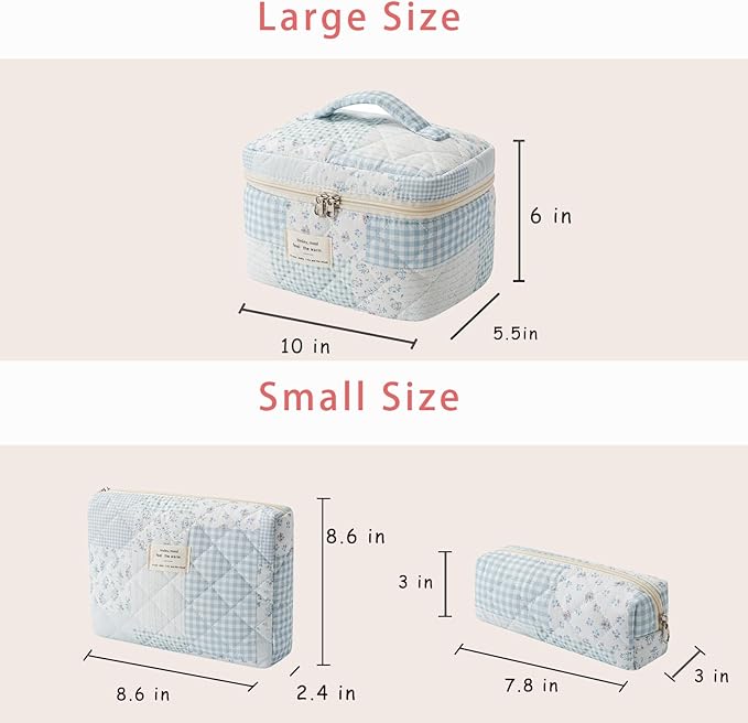 uekeboag 3Pcs Quilted Cotton Makeup Bag,Coquette Quilted Toiletry Bag for Women and Girls,Floral Coquette Pouch,Cute Kawaii Travel Cosmetic Bags(3Pcs Bluepatchwork)