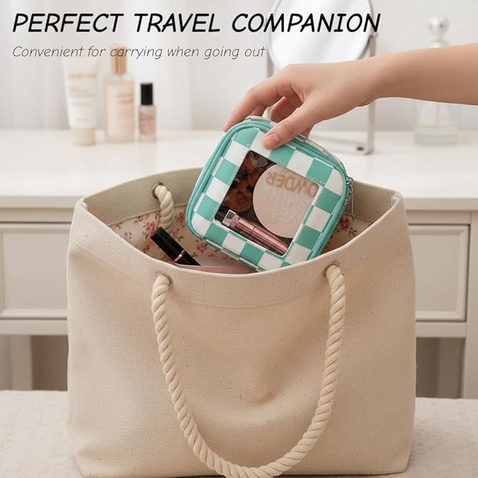 DOB SECHS Mini Checkered Bag for Purse 5.1'' x 5.1'' Small Makeup Bag for Car Cute Clear Cosmetic Bag with Zipper, Tiny Toiletry Bag Lipstick Organizer Pouch Travel Essential Storage Pouch, Mint Green