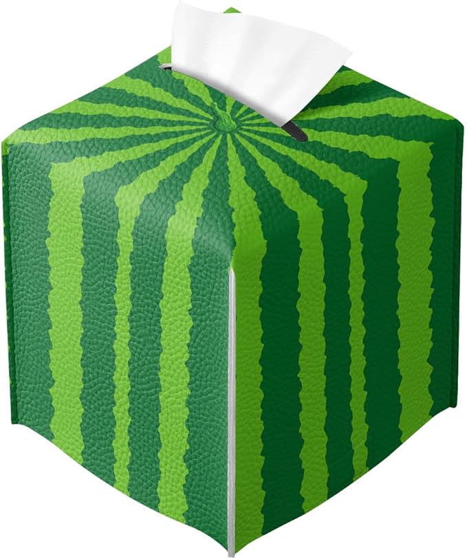 Funny Fruit Tissue Box Cover Summer Cute Green Watermelon Square PU Leather Waterproof Tissue Box Holder for Car Bathroom Bedroom Office Tabletop Decor