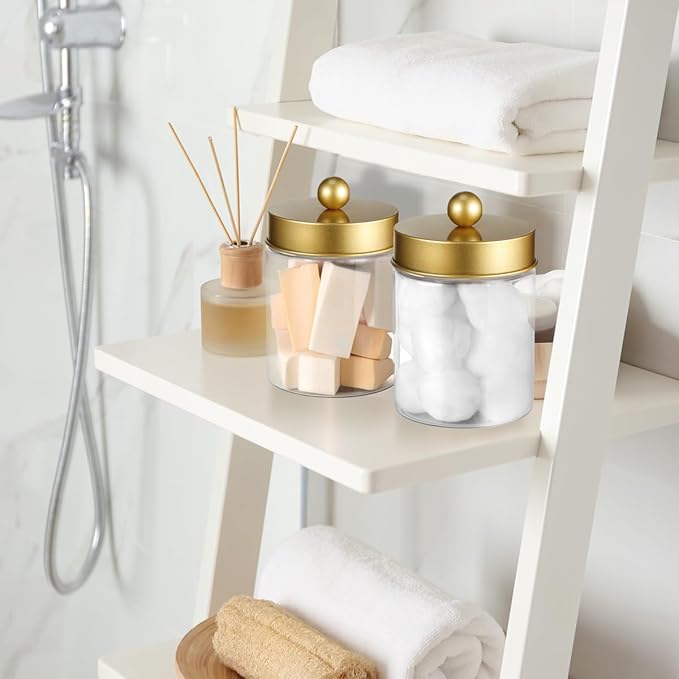 3PC Farmhouse Decor Qtip Holder Apothecary Jars Bathroom Vanity Storage Organizer -Countertop Canister Container &Cute Stickers for Cotton Swab,Ball,Pad,Floss,Paper Clips (Gold,Plastic)