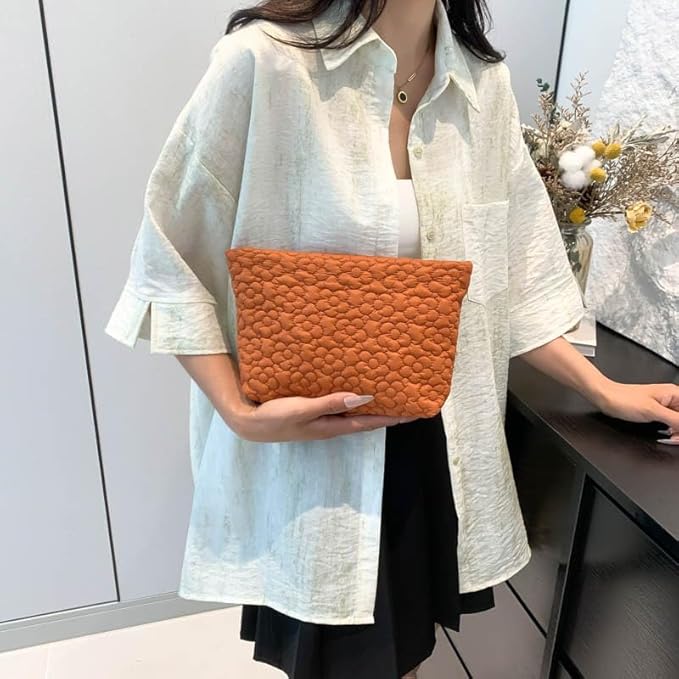 Puffy Quilted Makeup Bag for Women, Cosmetic Bag, Travel Toiletry Organizer Pouch Clutch (Orange Flowers)
