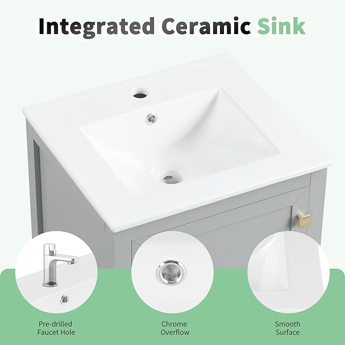 Bellemave 20-inch Bathroom Vanity with Sink, Free Standing Bathroom Vanity Cabinet with Soft Closing Door, Storage Rack, and Drawer, Solid Wood Vanity Set with Ceramic Sink（Grey）