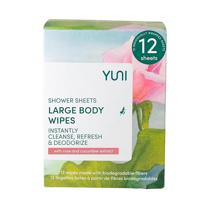 YUNI Beauty Large Body Wipes (Rose Cucumber, 12 Count) Soft Moist Showerless Wipe, Cleanse & Deodorize Waterless Travel Body Cleanser, Biodegradable Individually Wrapped Body Wipe for Camping or Gym