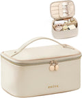 Prite Makeup Bag, Large Capacity Portable Travel Cosmetic Bag, Waterproof Makeup Organizer for Women with Handle and Divider (001 Beige)
