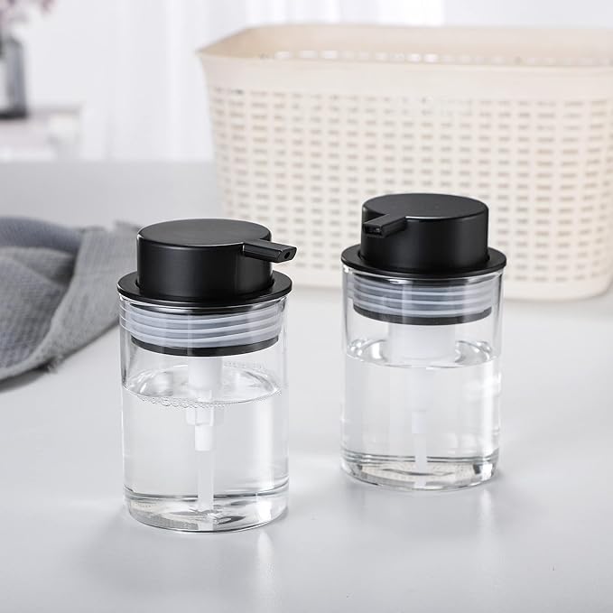 Clear Glass Foam Soap Dispenser, 10 Oz Hand Liquid Bottles with Rust Proof Plastic Pump, Refillable Round Foaming Lotion Dispensing for Kitchen Sink & Bathroom Counter Decorative
