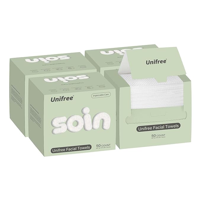 Unifree Facial Towels I Towelettes I Dry Wipes I Makeup Remover I Clean Facial Tissues in Box, Large Size 11.8 x 9.8 Inch, 50 Count