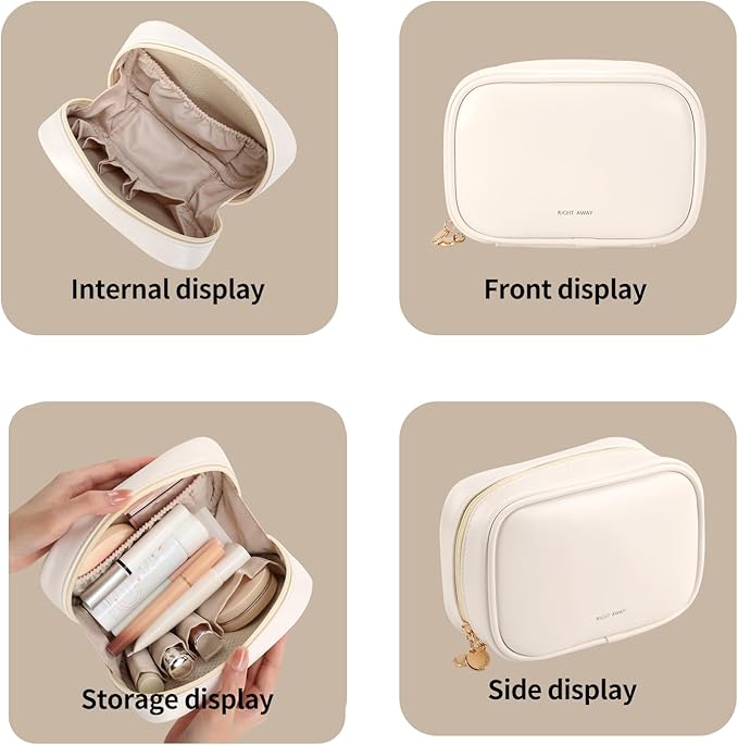 RIGHT AWAY Small Makeup Bag for Purse,Travel Cosmetic Bag Organizer for Women,Cute Make Up Pouch Waterproof Toiletry Bag with Zipper,Portable Makeup Case Skincare Bag for Travel Accessories(White)