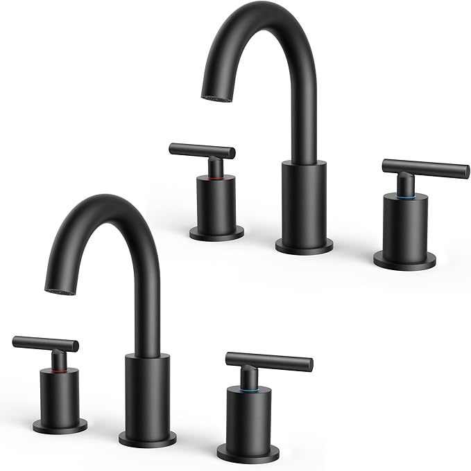 FORIOUS 2 Pack Black Bathroom Faucet 3 Hole, 8" Widespread Matte Black Bathroom Sink Faucet with 360°Swivel Spout, Suitable for 6-12 Inch Vanity Sink, with Metal Pop-up Drain and Supply Line