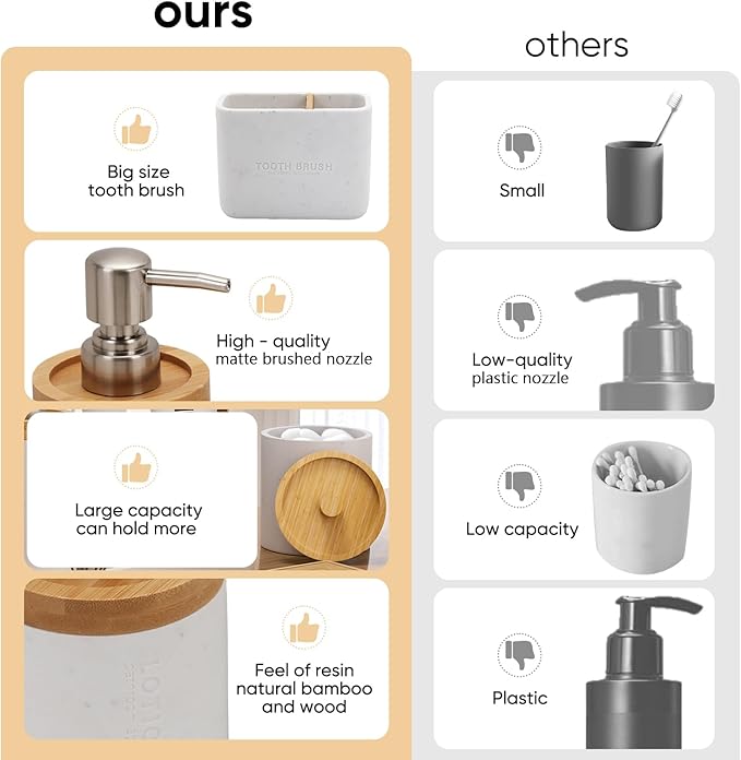 Bathroom Accessories Set, 6Pcs Bathroom Accessory Set, Large-Sized Toothbrush Holders Set, Soap Dispenser, Vanity Tray, Bathroom Tumbler, Apothecary Jars and a soap Dish (Marble White)