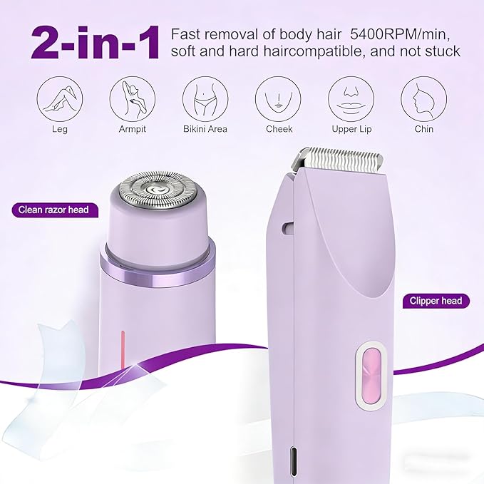 Electric Shaver for Women, 2-in-1 Electric Razor for Womens Legs Underarm Face Pubic Hairs, Rechargeable Razor Body Hair Trimmer Wet & Dry Use,Light Blue