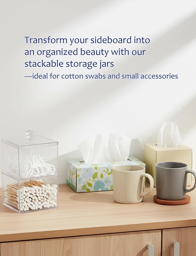 Cotton Swab Holder with Plastic Lid, Clear PS Qtip Container, Double Layer Stackable Bathroom Organizer for Cotton Balls & Pads, Vanity Storage, Dorm Room Essentials, Small Space Decor