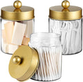 3PC Farmhouse Decor Qtip Holder Apothecary Jars Bathroom Vanity Storage Organizer -Countertop Canister Container &Cute Stickers for Cotton Swab,Ball,Pad,Floss,Paper Clips (Gold,Plastic)