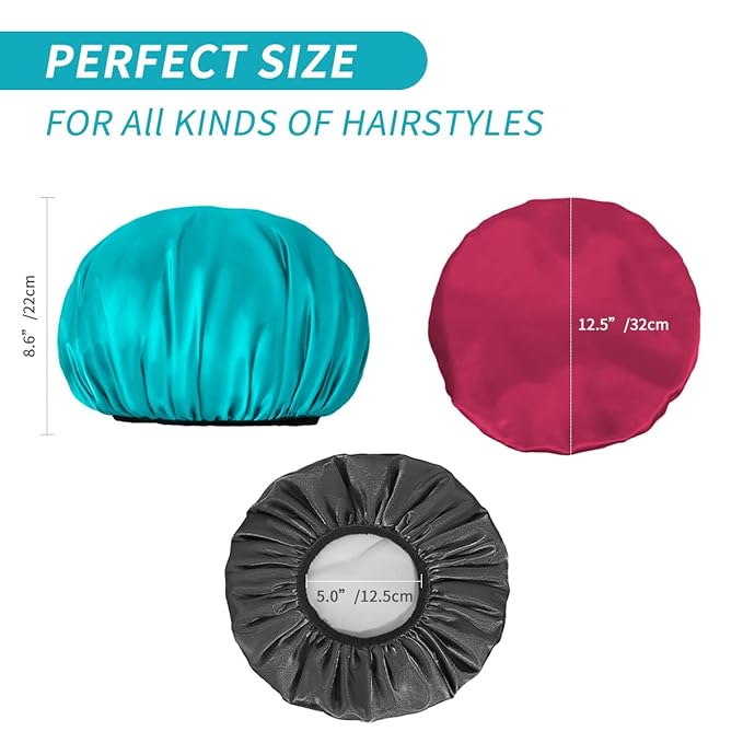 Aquior Shower Cap for Women Reusable, Extra Large Shower Cap for Men,Satin EVA Double Layer Waterproof Hair Cap For Long Hair, 4 Pieces