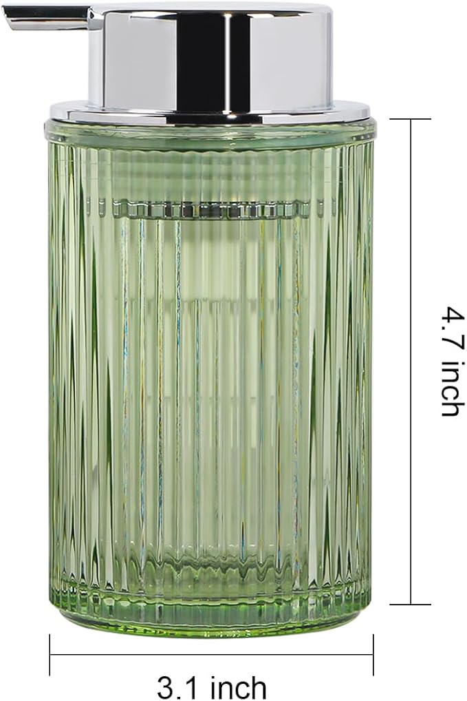 Foaming Soap Dispenser, 12 Oz Green Glass Foam Hand Soap Dispenser, Refillable Glass Foam Pump Bottle Container Decorative Slim Ribbed Bottle for Bathroom and Kitchen